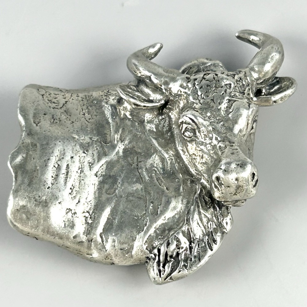Bull Belt Buckle 3D Sculptural Silver Tone Western Cowboy Signed 90.6g